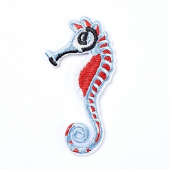 Blue Computerized Embroidery Cloth Iron On/Sew On Patches, Costume Accessories, Appliques, Sea Horse, Blue, 78x39.5x2mm