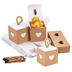 White Retro Cardboard Gift Favor Boxes, Paper Candy Drawer Boxes, with Polyester Handles, Square with Heart to Heart, White, 5.6x5.6x5.5cm