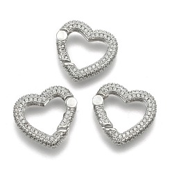 Платина Латунные пружинные кольца, с четким кубического циркония, сердце, платина, 17.5x18x4 мм, Внутренний диаметр: 9.5x12 мм