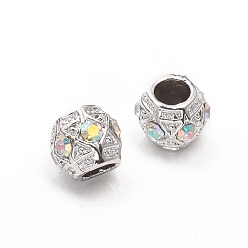 Серебро Европейские бусины, сплав, стразы , бусины с большим отверстием, рондель, хрусталь AB, серебряный цвет гальваническим, 11x9 мм, отверстие : 5 мм