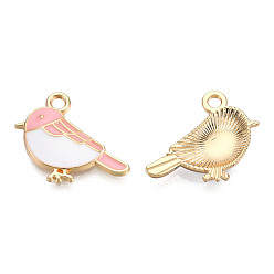 Pink Alloy Charms, with Enamel, Light Gold, Bird, Pink, 15.5x19.5x3mm, Hole: 2mm
