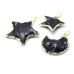 Obsidian Natural Obsidian Pendants, with Brass Findings, Star with Moon, 33~45x35~48x5~10mm, Hole: 5x6~7mm