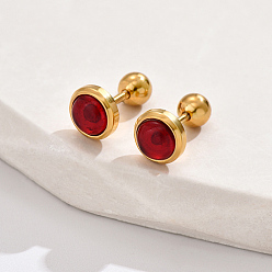 Red Real 18K Gold Plated 304 Stainless Steel Flat Round Stud Earrings, with Plastic, Red, 8mm