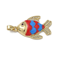 Настоящее золото 18K Латунные микропаве прозрачные подвески с фианитом, Подвески в виде рыбок с красной и синей эмалью., долговечный, стойки покрытие, без свинца и без кадмия, реальный 18 k позолоченный, 27.5x17.5x5 мм, отверстие : 5x3 мм