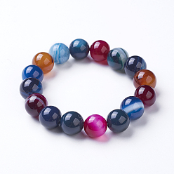 Colorful Natural Striped Agate/Banded Agate Beaded Stretch Bracelets, Dyed, Round, Colorful, 2 inch(50mm)