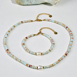 Золотой Комплекты ожерелий и браслетов из бисера в форме ронделей из натурального камня шоушань, пресноводного жемчуга и латуни, золотые, 380 мм и 160 мм