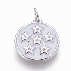 Платина Латунь эмаль подвески, с кубического циркония, плоские круглые со звездой, белые, платина, 17x15x2 мм, отверстие : 3.5 мм