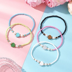 (52) Непрозрачная лаванда Эластичные браслеты из стеклянного бисера и натуральных/синтетических камней для женщин, сердечко, украшенное бусинами из стеклянного жемчуга, разноцветные, внутренний диаметр: 2.17 дюйм (5.5 см)