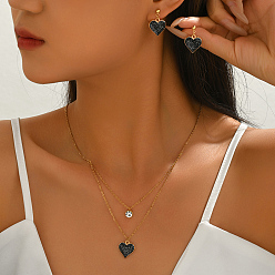 Черный Комплект из двухслойных колье и сережек-гвоздиков из нержавеющей стали с микропаве из кубического циркония для женщин., чёрные, ожерелья: 16.93 дюйм (43 см)