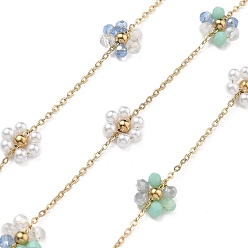 Разноцветный 304 кабельные цепи из нержавеющей стали, ионное покрытие (ip), с бусинами из стекла и АБС-пластика, имитирующими жемчуг, реальный 18 k позолоченный, пайки, цветок, красочный, 2x1x0.5 мм, около 32.81 футов (10 м) / рулон