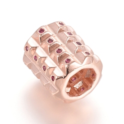 Rose Gold Brass Micro Pave Cubic Zirconia Beads, Column, Fuchsia, Rose Gold, 10.5x9mm, Hole: 5.5mm