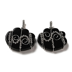 Obsidian Natural Obsidian Copper Wire Wrapped Pendants, Cloud Charms with Brass Beads, Rack Plating, Platinum, 47~50x44.5~45x11~12mm, Hole: 6x5.5mm