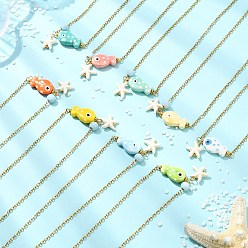 Golden Ocean Synthetic Turquois Starfish & Handmade Porcelain Fish Pendant 304 Stainless Steel Cable Chain Necklaces, Mixed Color, Golden, 16.54 inch(42cm)