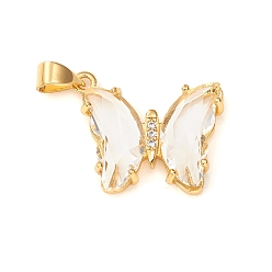 Clear Glass Pendants, with Brass Clear Micro Pave Cubic Zirconia, Butterfly, Golden, Clear, 24x21x4mm, Hole: 5.5x3.5mm