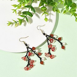 Red Glass Seed Bead Dangle Earrings, Flower, 304 Stainless Steel with Cultured Freshwater Pearl Beads Dangle Earring for Women, Golden, Red, 65~67mm