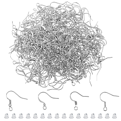 Платина Латунные крючки для сережек, провод уха, с пластиковыми гайками уха, платина, серьги крючки: 15~19мм, отверстие : 1.5~2 мм, штифты : 0.7 мм, 100 шт / стиль, ушные гайки: 4x4 мм, отверстие : 0.5 мм