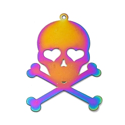 Skull 201 подвески из травленого металла из нержавеющей стали, Радуга цветов, череп, 40x27.5x0.3 мм, отверстие : 1.2 мм