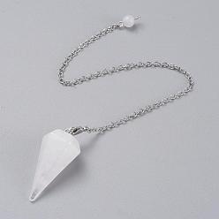 Quartz Crystal Platinum Tone Brass Crystal Cone Hexagonal Pointed Dowsing Pendulums, with Lobster Claw Clasps, 230x3mm