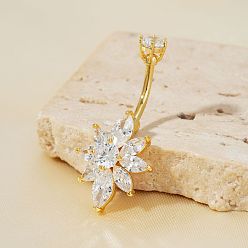 Золотой Кольца для пупка в форме изогнутой штанги из латуни с прозрачным кубическим цирконием и блестящим цветком для ежедневного ношения, золотые, 36x16 мм