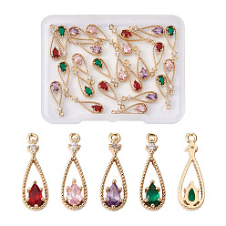(52) Непрозрачная лаванда 24 шт 4 цвета кулоны из латуни, микропаве, циркония, со стеклом, слеза, долговечный, золотой свет, разноцветные, 17.5x6x2.5 мм, отверстие : 1 мм, 6 шт / цвет