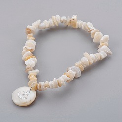 Shell White Shell Chip Beads Charm Stretch Bracelets, with Freshwater Shell Pendants, Anchor, 2-1/8 inch(5.3cm), 5~12x2~6mm, 16x2~4mm