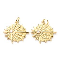 Настоящее золото 18K Латунные микропаве прозрачные подвески с фианитом, долговечный, плоские круглые с солнцем, реальный 18 k позолоченный, 20x20x3 мм, отверстие : 3.5 мм