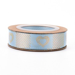 Bleu Ciel Clair Rubans de polyester, marquage à chaud doré simple face, pour l'emballage de cadeaux, décoration de fête, motif de coeur, lumière bleu ciel, 5/8 pouces (17 mm), 10yards / roll (9.14m / roll)