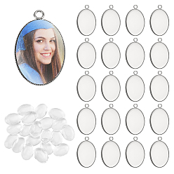 Couleur Acier Inoxydable Pendentif ovale à faire soi-même, y compris 304 cabochons pendants en acier inoxydable, Cabochons en verre, couleur inox, Plateau: 25x18 mm, 29.5x19x1mm, Trou: 2.5mm, 20 pcs