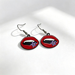 Lip Gothic Alloy Red Enamel Dangle Earrings, Black, Lip, 30mm