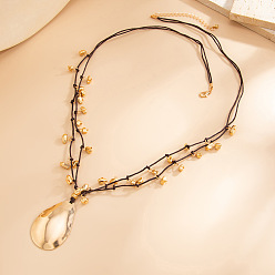 Golden Iron Teardrop Pendant Wax Cord 2-Strand Necklaces with CCB Plastic Beads Tassel for Women, Coconut Brown, Golden, 27.56 inch(70cm)