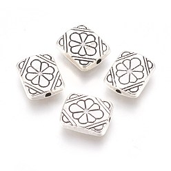 Античное Серебро Сплавочные овальные бусины тибетского стиля , Прямоугольник с цветком, без свинца и без кадмия, античное серебро, 12x10x3 мм, отверстие : 1.5 мм