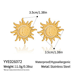 Real 18K Gold Plated 304 Stainless Steel Crystal Rhinestone Sun Moon Stud Earrings for Women, Real 18K Gold Plated, 35x35mm