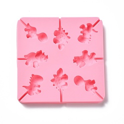 Pink DIY Lollipop Making Food Grade Silicone Molds, Candy Molds, Dinosaur, 8 Cavities, Pink, 147x147x13mm, Inner Diameter: 30~40x35~40mm, Fit for 3mm Stick