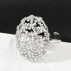 Платина Регулируемые манжеты-кольца из латуни с микропаве из кубического циркония для женщин, овальные с цветком, стойки покрытие, без кадмия и без свинца, долговечный, платина, внутренний диаметр: регулируемый