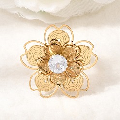 Золотой 201 Регулируемые кольца-манжеты из нержавеющей стали с одинарным кубическим цирконием для женщин, цветок, золотые, 23.5x25 мм, внутренний диаметр: 18 мм