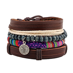 Coconut Brown Multi-strand Bracelets, Stackable Bracelets, with Imitation Leather, Waxed Cotton Cord, Wooden Bead and Hemp Rope, Antique Silver, Coconut Brown, Inner Diameter: 2.36 inch(6cm), about 4pcs/set