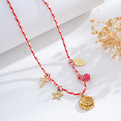 Светло-Вишневый Летние пляжные плетеные веревочные ожерелья-нагрудники, Кулон-подвеска в виде морской звезды и цветка из нержавеющей стали., золотые, светло-вишневый, 29.92 дюйм (76 см)