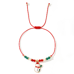 Снеговик Плетеные браслеты из искусственного жемчуга и стеклянных бусин, с рождественскими эмалевыми подвесками из сплава, регулируемые браслеты из шнура для женщин и мужчин, снеговик