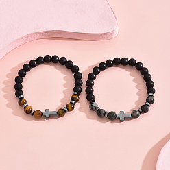 Смешанные камни 2 шт. 2 набор эластичных браслетов из натурального смешанного бисера в стиле, браслеты с крестами из синтетического гематита, внутренний диаметр: 2-3/8~3-1/8 дюйм (6~8 см), 1 шт / стиль
