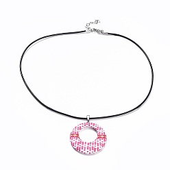 Rose Nacré Colliers tissés en raphia, avec cordon en cuir de vachette et accessoires 304 en acier inoxydable, plat rond, perle rose, 17.71 pouce (45 cm), 1.7mm