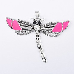 Hot pink Legierung Schmelz große Anhänger, mit Strass, Libelle, Antik Silber Farbe, hot pink, 46.5x65x5 mm, Bohrung: 5x6 mm