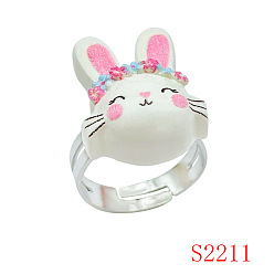 Кролик Пасхальные кольца из смолы с железными гвоздиками для девочки, платина, кролик, внутренний диаметр: регулируемый