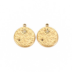 Настоящее золото 14K Ионное покрытие (ip) 304 подвески из нержавеющей стали, с кристально горный хрусталь, плоский круглый с солнечными чарами, реальный 14 k позолоченный, 19x16x1.5 мм, отверстие : 1.5 мм