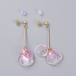 Pink Glass Cluster Beads Dangle Ear Studs, with Iron Bar, Plastic Ear Nuts, Brass Stud Findings, Cardboard Box, Pink, 52mm, Pin: 0.8mm