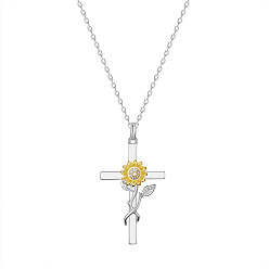 Platinum & Golden Brass Pendant Necklaces, with Grade AAA Cubic Zirconia, Cross with Sunflower, Clear, Platinum & Golden, 17.32inch(44cm)