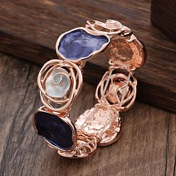 Стально-синий Плоские круглые браслеты из сплава с эмалью для женщин, розовое золото , стальной синий, 1-1/8x2-3/8 дюйм (2.69x6 см)