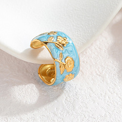 Светло-Голубой 304 Открытые кольца из эмалированной нержавеющей стали, цветочным узором, золотые, Небесно-голубой, 17 мм