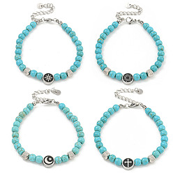 Mixed Shapes 304 Женские круглые браслеты из нержавеющей стали и синтетической бирюзы из бисера, разнообразные, 7-1/8 дюйм (18.2 см)