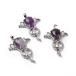 Аметист Подвески из натурального аметиста в форме слезы, Брелоки для ключей, с стеллаж металлизированный платины тон выводов латуни, 46x32x9~10.5 мм, отверстие : 7x5 мм
