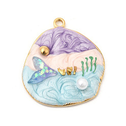 Настоящее золото 18K 304 нержавеющей стальной эмали подвески, плоский круглый с подвесками «рыбий хвост», с abs имитационными жемчужными бусинами , ионное покрытие (ip), реальный 18 k позолоченный, 32x28x6 мм, отверстие : 2.2 мм